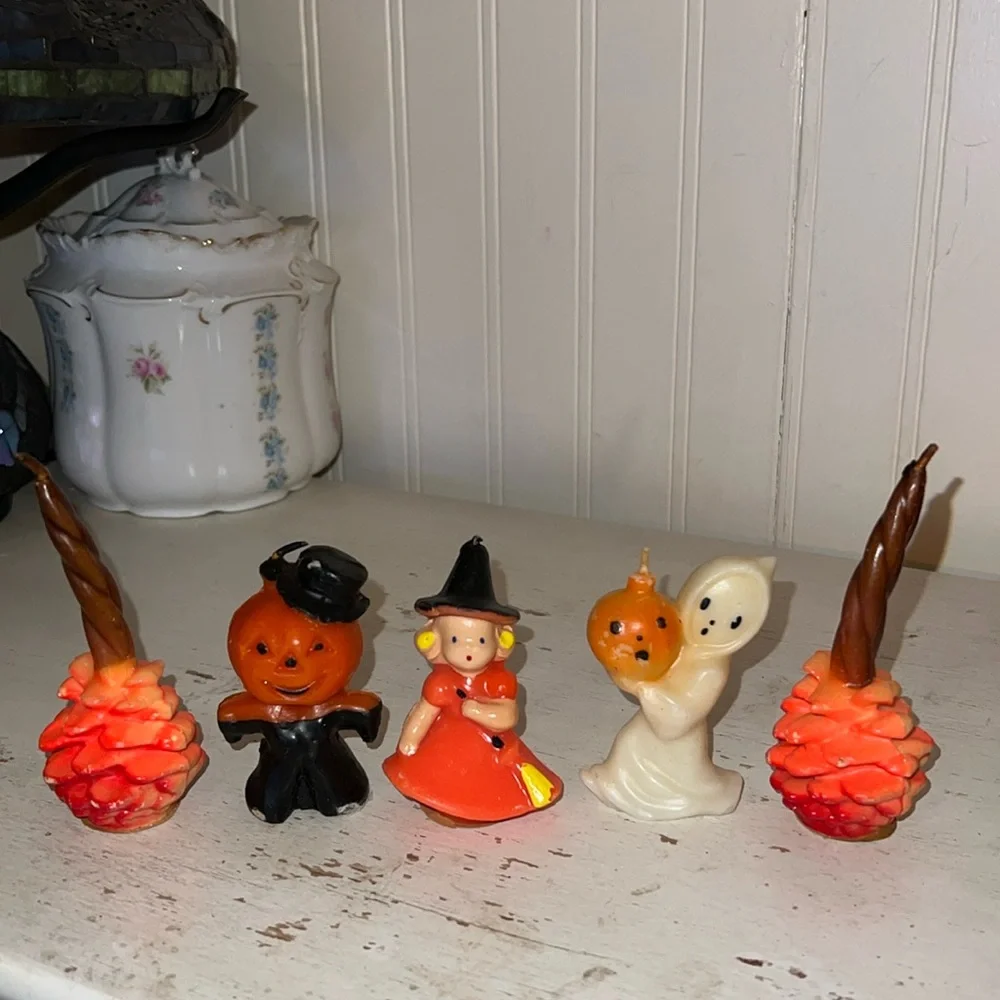 5 Vintage Gurley Halloween candles pumpkin man witch ghost pinecone